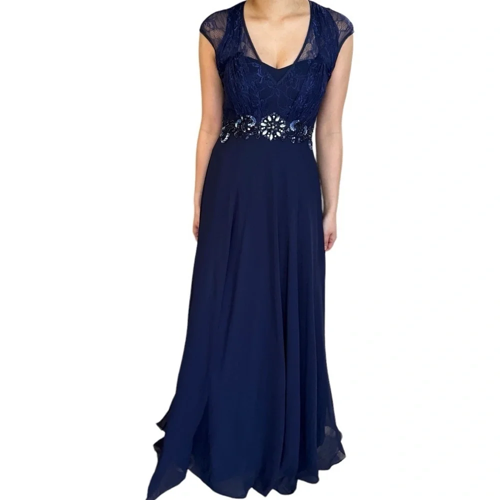 LAURA PETITE ROYAL BLUE V-NECK RHINESTONE DETAIL PROM FORMAL EVENING GOWN SIZE 4 - Picture 3 of 16